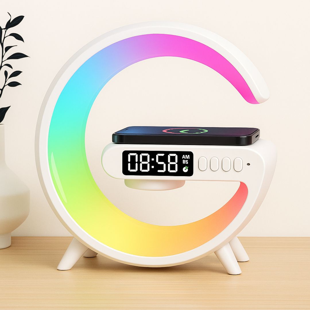 The Ultimate 5-in-1 Wireless Charging Lamp - Crystal-Clear Sound, Mood Light, Alarm Clock