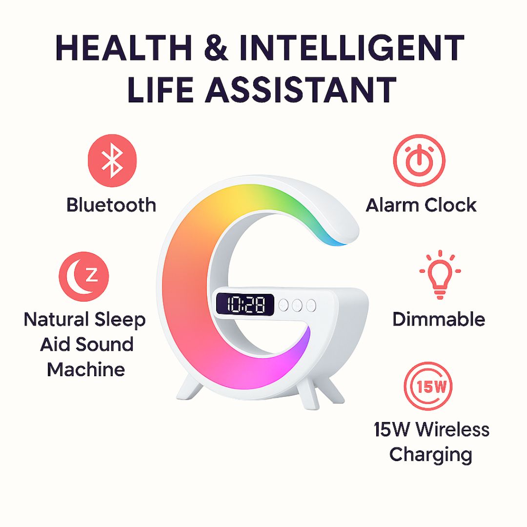 The Ultimate 5-in-1 Wireless Charging Lamp - Crystal-Clear Sound, Mood Light, Alarm Clock